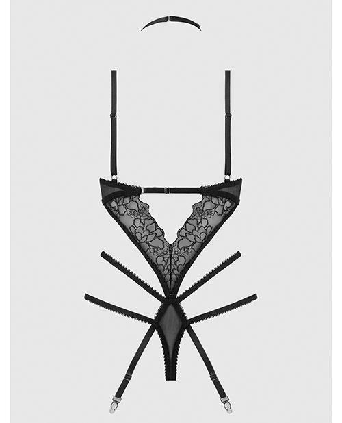 Eden Embroidered Lace & Mesh Teddy w/Garters - Black XL - Image 4