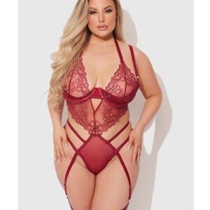 Eden Embroidered Lace & Mesh Teddy w/Garters - Dark Red 3X/4X