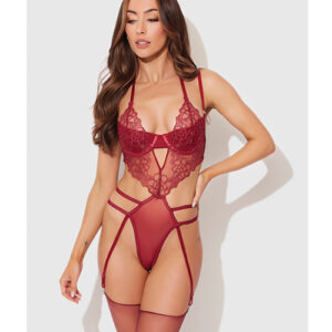 Eden Embroidered Lace & Mesh Teddy w/Garters - Dark Red SM