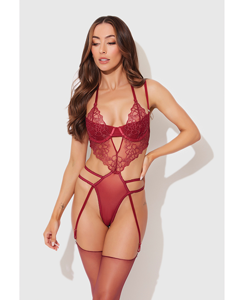 Eden Embroidered Lace & Mesh Teddy w/Garters - Dark Red SM