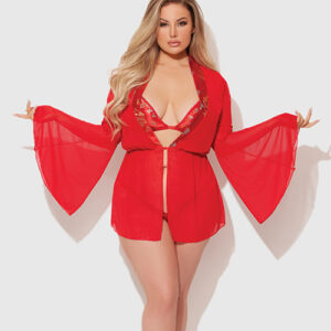 Dragon Sheer Mesh Robe w/Satin Triangle Top & G-String 3 pc Set - Red 1X/2X