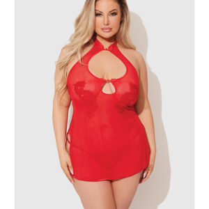 Dragon Mesh & Applique Chemise w/G-String 2 pc Set - Red 1X/2X