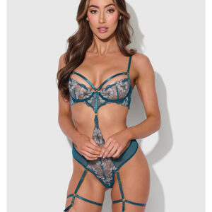 Nova Lace Teddy w/Garters - Jade Blue SM