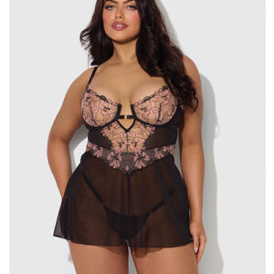 Nova Lace & Mesh Babydoll w/G-String 2 pc Set - Black 3X/4X
