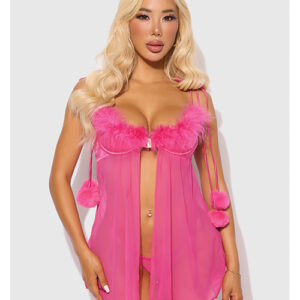 Marilyn Marabou & Mesh Babydoll & G-String Set - Pink 1X/2X