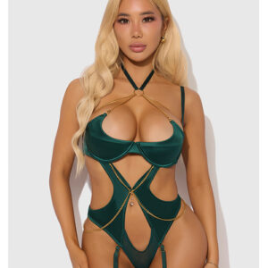 Evangeline Satin & Chain Halter Teddy - Green 3X/4X