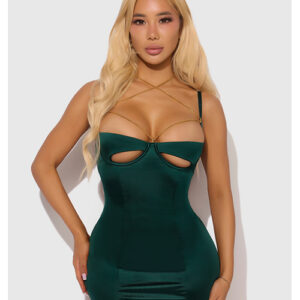 Evangeline Satin & Chain Open Cup & Back Chemise & G-String Set - Green XL