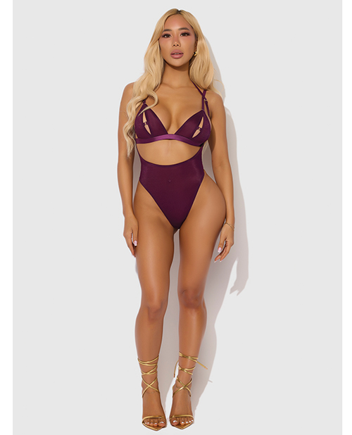 Yasmine Shimmer Mesh Slit Cup, Backless Teddy & Bralette Set - Burgundy LG - Image 3