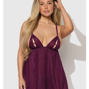 Yasmine Shimmer Mesh O-Ring Slit Cup Babydoll & G-String Set - Burgundy 3X/4X