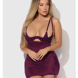 Yasmine Shimmer Mesh O-Ring Thigh Garter Chemise & G-String Set - Burgundy 1X/2X