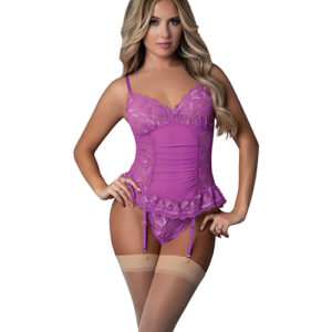 Butterfly Fantasies Gathered Corset w/Cheeky Panty & Attached Garters 2 pc Set - Neon Purple L/XL