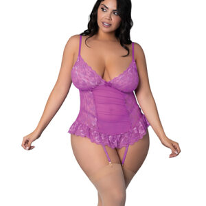 Butterfly Fantasies Gathered Corset w/Cheeky Panty & Attached Garters 2 pc Set - Neon Purple QN