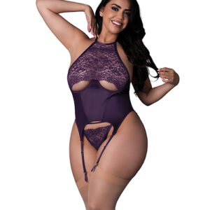Leather & Lace Stretch Mesh and Lace Underboob Cutout Corset & Panty 2 pc Set - Plum 2X