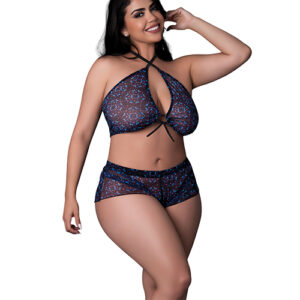 Hazy Dayz Butterfly Blacklight Reflective Halter Top & Short 2 pc Set - Black Multi QN