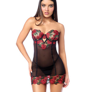 Untamed Floral Embroidered Underwire Babydoll w/Back Lace Up Detail & G-String - Black/Red MD