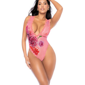 Lace Trimmed Floral Printed Mesh Teddy - Pink L/XL