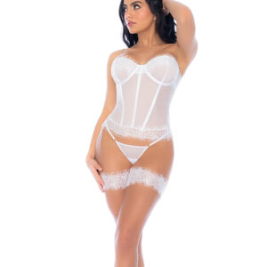 Strapless Lace-Up Bustier w/G-String & Leg Garters 4 pc Set - White L/XL