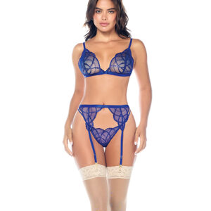 Lace Bralette w/G-String & Garter 3 pc Set - Sapphire Blue L/XL