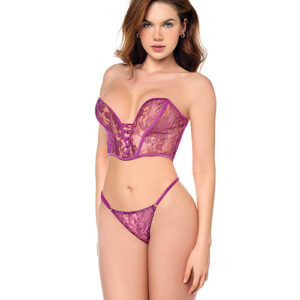 Mesh Bustier & G-String w/Adjustable Sides 2 pc Set - Pink S/M