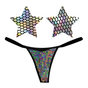 Neva Nude Naughty Knix Mirrored Mayhem Holographic G-String & Pasties - Black O/S