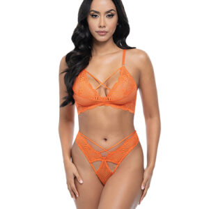 Amina Scallop Lace & Mesh Bralette w/Panty 2 pc Set - Dragon Fire Orange S/M