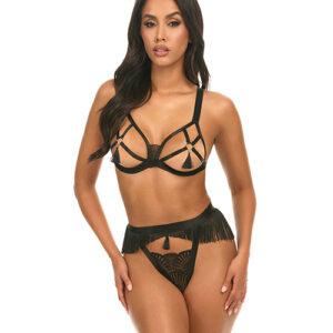 Annika Open Cup 2 pc Set w/Fringe and Tassel Detail - Black S/M