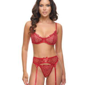 Mariah Embroidered Lace and Mesh Underwire Bra w/Garter & G-String 3 pc Set - Burgundy LG