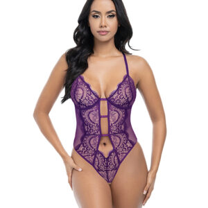 Carmen Lace & Mesh Underwire Crotchless Teddy - Imperial Purple L/XL