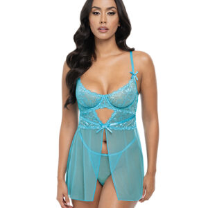 Emma Floral Lace & Mesh Underwire Babydoll w/G-String 2 pc Set - Beach Blue LG