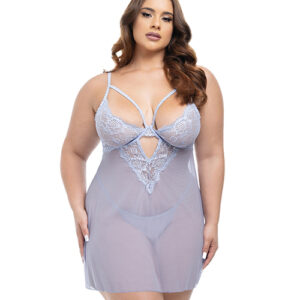 Elsie Lace & Mesh Underwire Babydoll w/G-String 2 pc Set - Brunnera Blue 1X/2X