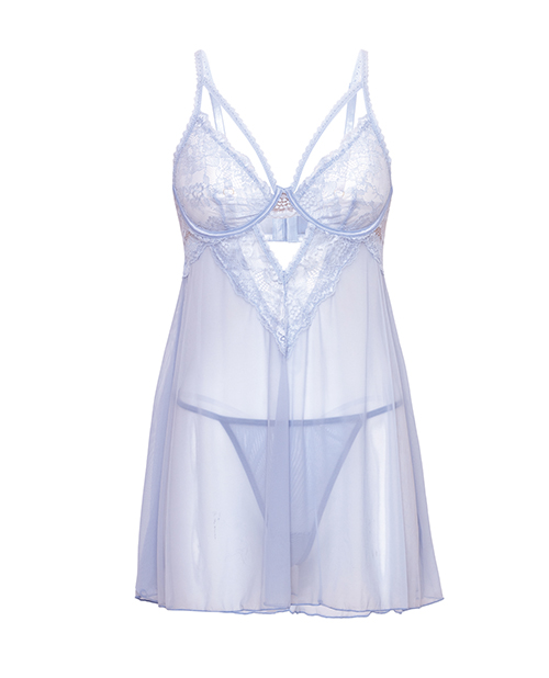 Elsie Lace & Mesh Underwire Babydoll w/G-String 2 pc Set - Brunnera Blue L/XL - Image 4