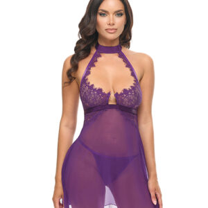 Kennedy Lace and Mesh Babydoll w/G-String 2 pc Set - Purple XL