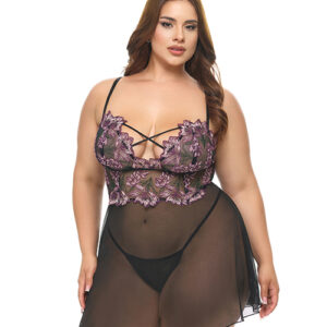 Adela Embroidered Boned Lace and Mesh Babydoll w/G-String 2 pc Set - Black/Pink 1X