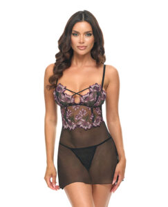 Adela Embroidered Boned Lace and Mesh Babydoll w/G-String 2 pc Set - Black/Pink XL