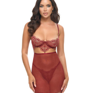 Arielle Unlined Underwire Lace Babydoll w/G-String - Burgundy S/M