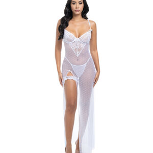 Livia Dot Mesh & Lace Underwire Gown & Garter 2 pc Set - White L/XL