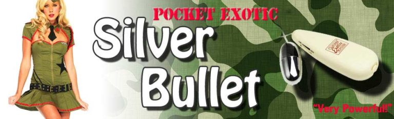 A promotional banner featuring an attractive model in a military-style outfit alongside a pocket-sized adult toy labeled "Silver Bullet" with text stating "Very Powerful!"