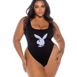 Playboy Scoop Neck Teddy w/Thong Back & Bunny Logo - Black/Lavender 1X