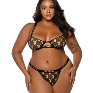 Playboy Gold Foil Mesh & Satin Bralette w/Thong 2 pc Set - Black/Gold 1X