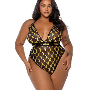 Playboy Bunny Gold Foil Halter Teddy - Black/Gold 1X
