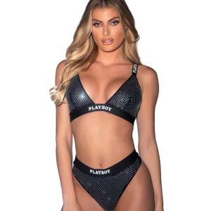 Playboy Disco Fever Rhinestone Bralette w/Thong 2 pc Set - Black SM