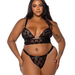 Playboy Bunny Charm Mesh Bralette w/Thong 2 pc Set - Black 1X