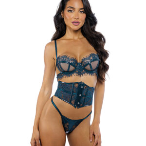 Eden Scalloped Eyelash Lace & Wet Look Waspie 3 pc Set - Teal LG
