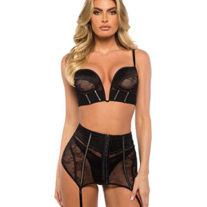 Belle Noir Chantilly Lace and Satin Garter Skirt 3 pc Set - Black LG