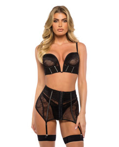 Belle Noir Chantilly Lace and Satin Garter Skirt 3 pc Set - Black XL