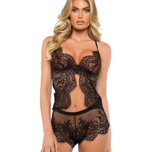 Dreamer's Lust Scalloped Eyelash Lace and Satin 2 pc Camisole Set - Black XL