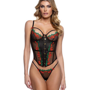 Cherry Delight Embroidered Underwire Corset w/G-String - Black LG