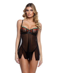 Cherry Delight Embroidered Lace and Mesh Babydoll w/Balconette Cup & Thong 2 pc Set - Black MD