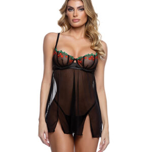 Cherry Delight Embroidered Lace and Mesh Babydoll w/Balconette Cup & Thong 2 pc Set - Black MD