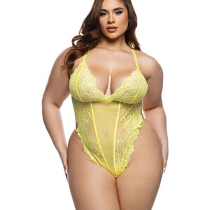 Kiss & Bloom Floral Eyelash Lace and Mesh Teddy - Yellow 1X